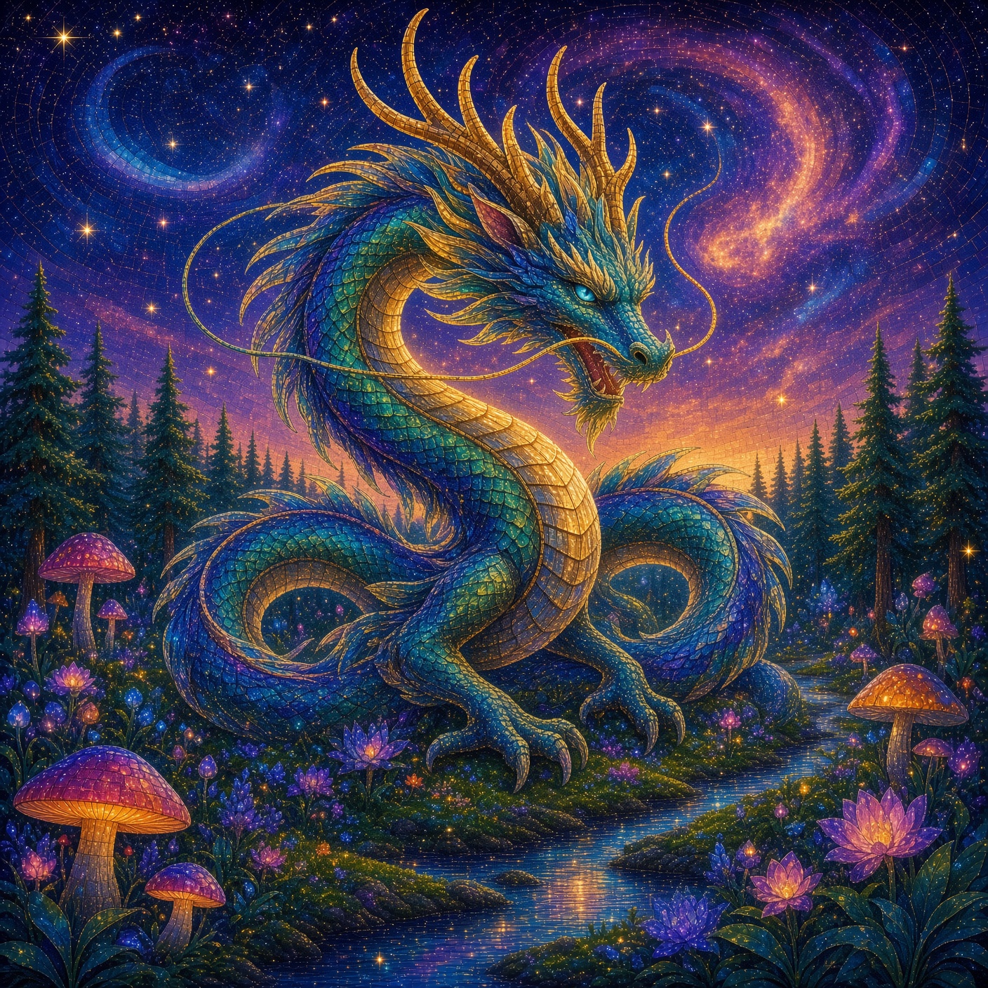 Mosaic painting: a green-and-gold dragon coiled in a night forest under swirling stars, glowing mushrooms and flowers below, a starlit stream winding past its claws