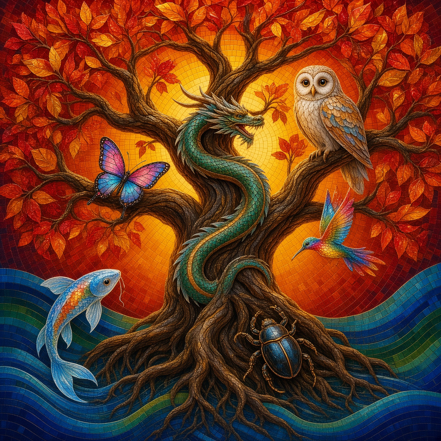 Mosaic painting: an autumn tree alive with creatures — an owl on a branch, a green dragon wound around the trunk, a butterfly, a hummingbird, a beetle in the roots, and a koi leaping in the blue waves below