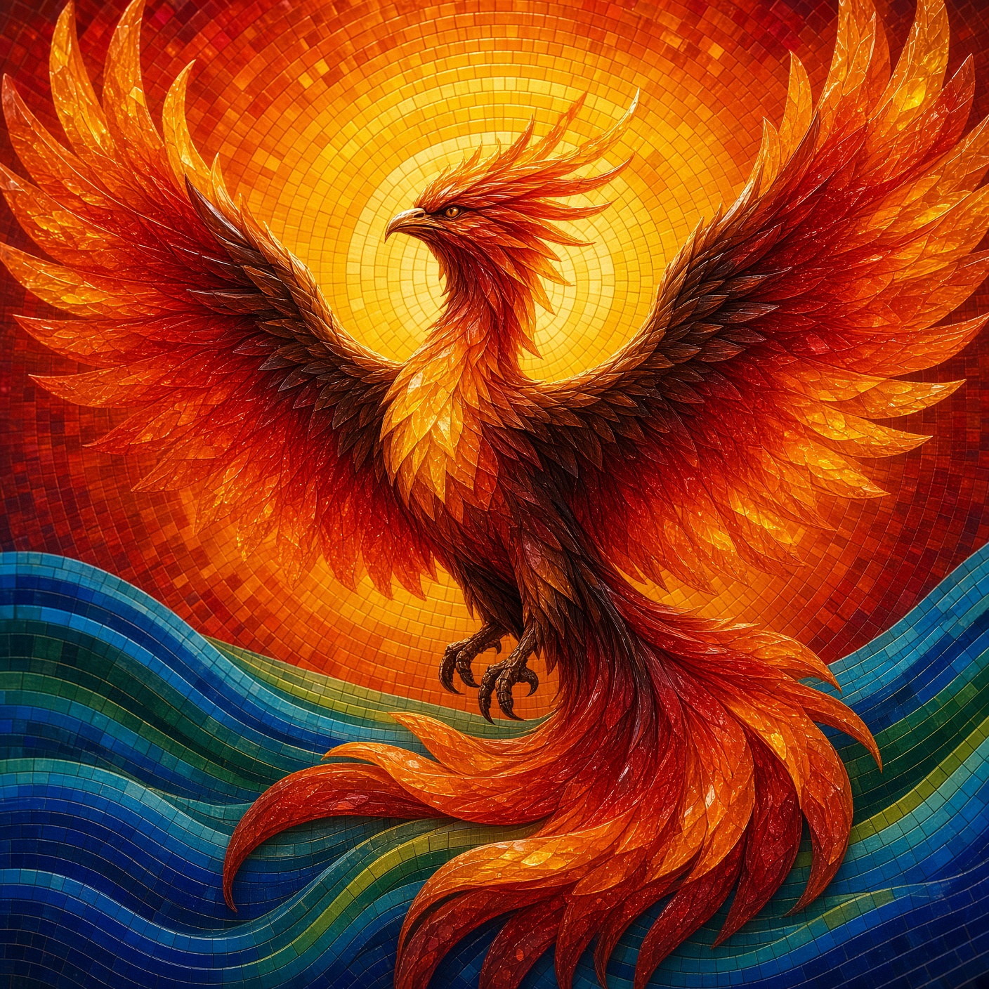 Mosaic painting: a phoenix rising with wings spread wide, feathers in deep reds and glowing ambers, a ringed gold sun behind it and blue-green mosaic waves below