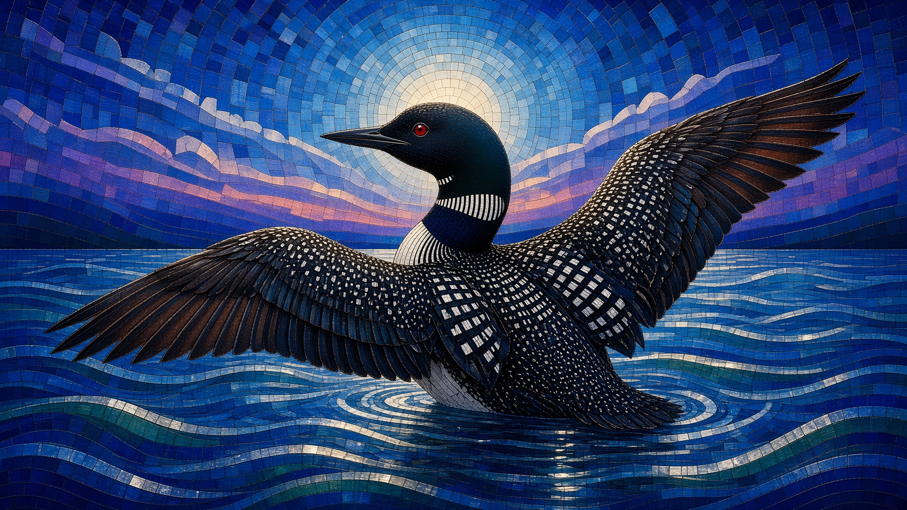 Mosaic painting: a common loon rearing with wings spread on rippled blue water, checkered black-and-white plumage and red eye, a ringed white sun rising behind it in a violet dusk sky