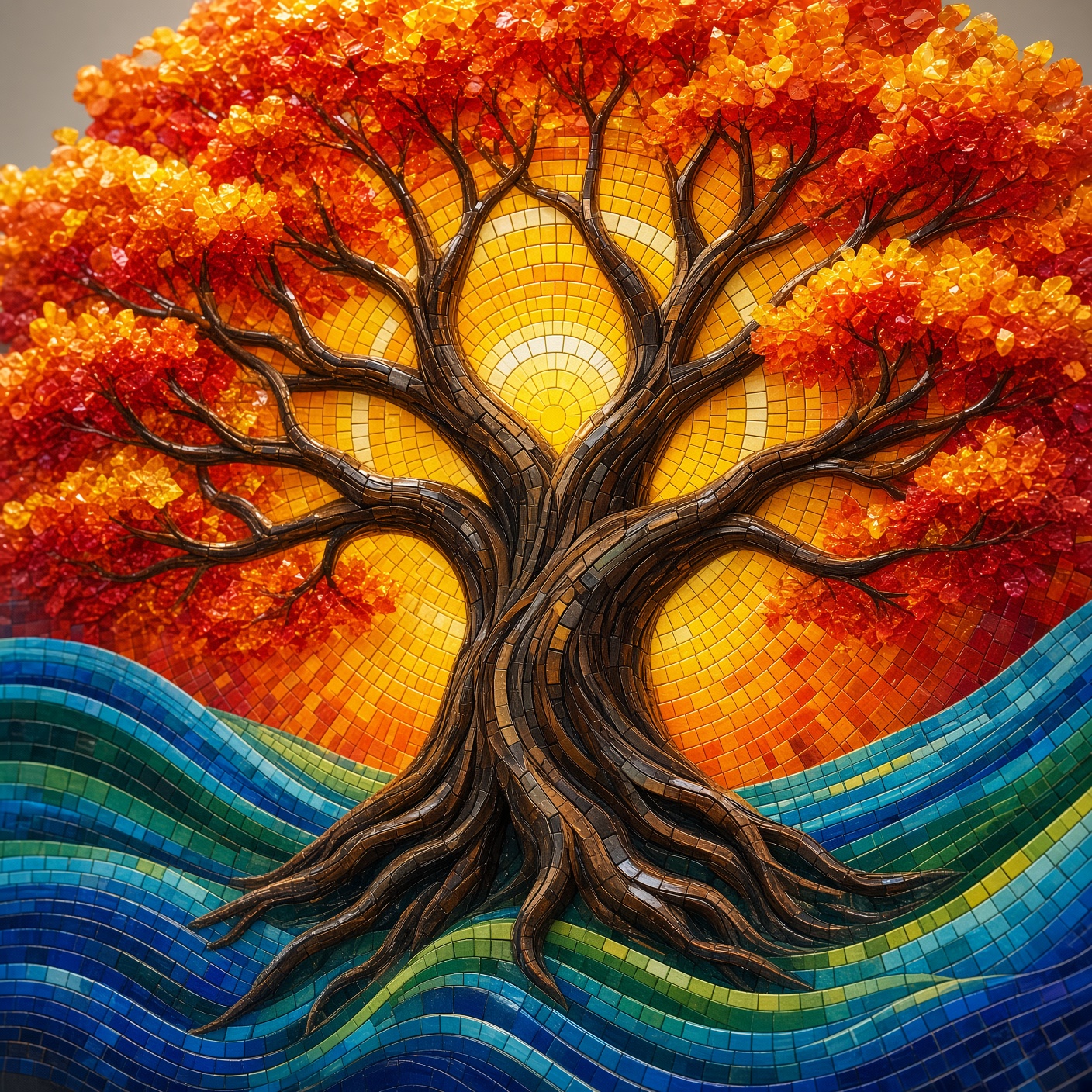 Mosaic painting: a sugar maple in full October color, red and orange glass leaves over a dark twisting trunk, concentric gold sun rings behind, blue-green waves of water at its roots