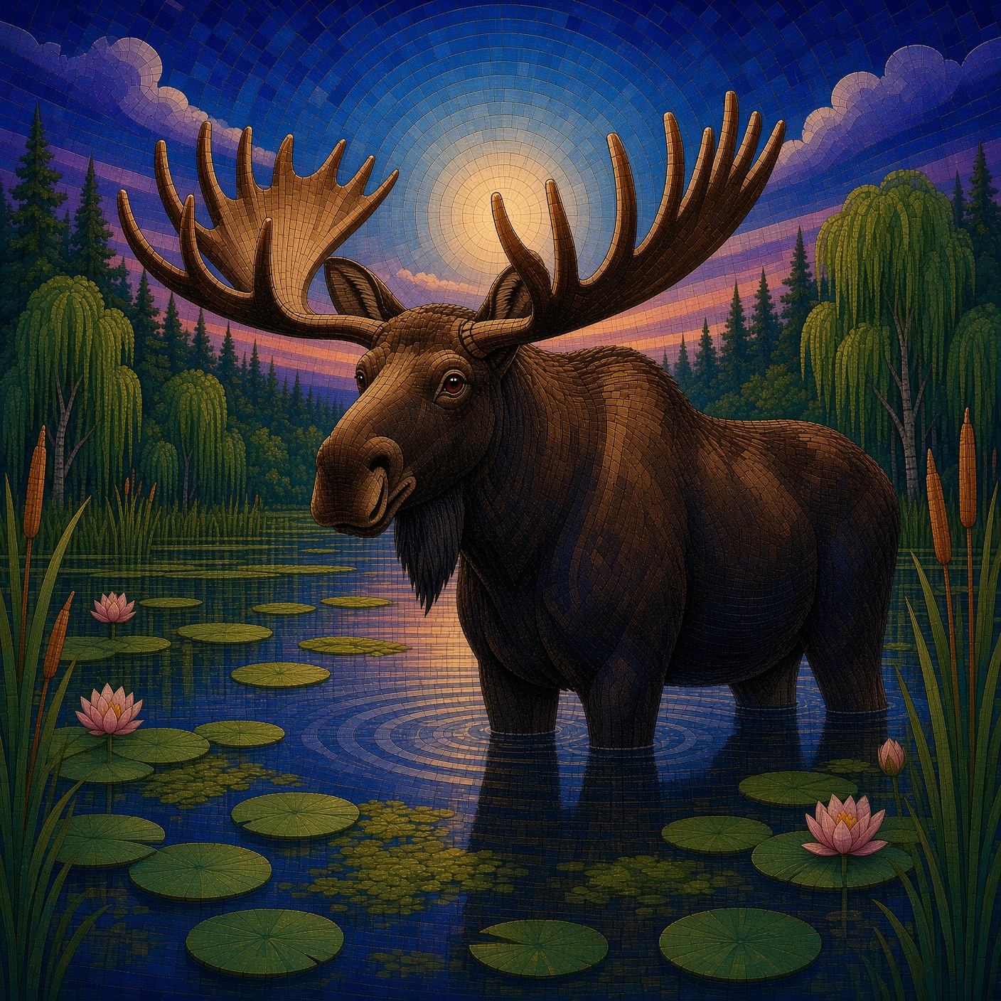 Mosaic painting: a bull moose standing chest-deep in a lily pond at blue hour, pink water lilies and cattails around him, willows and spruce behind, a ringed moon glowing between his antlers