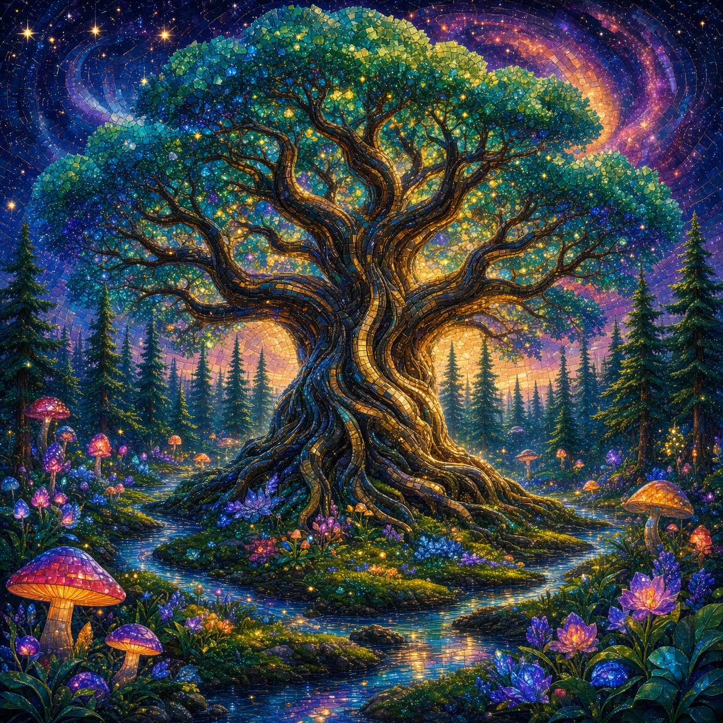 Mosaic painting: a great tree glittering green and gold under a starry night sky, a spiral of stars overhead, glowing mushrooms and flowers along a small stream at its roots