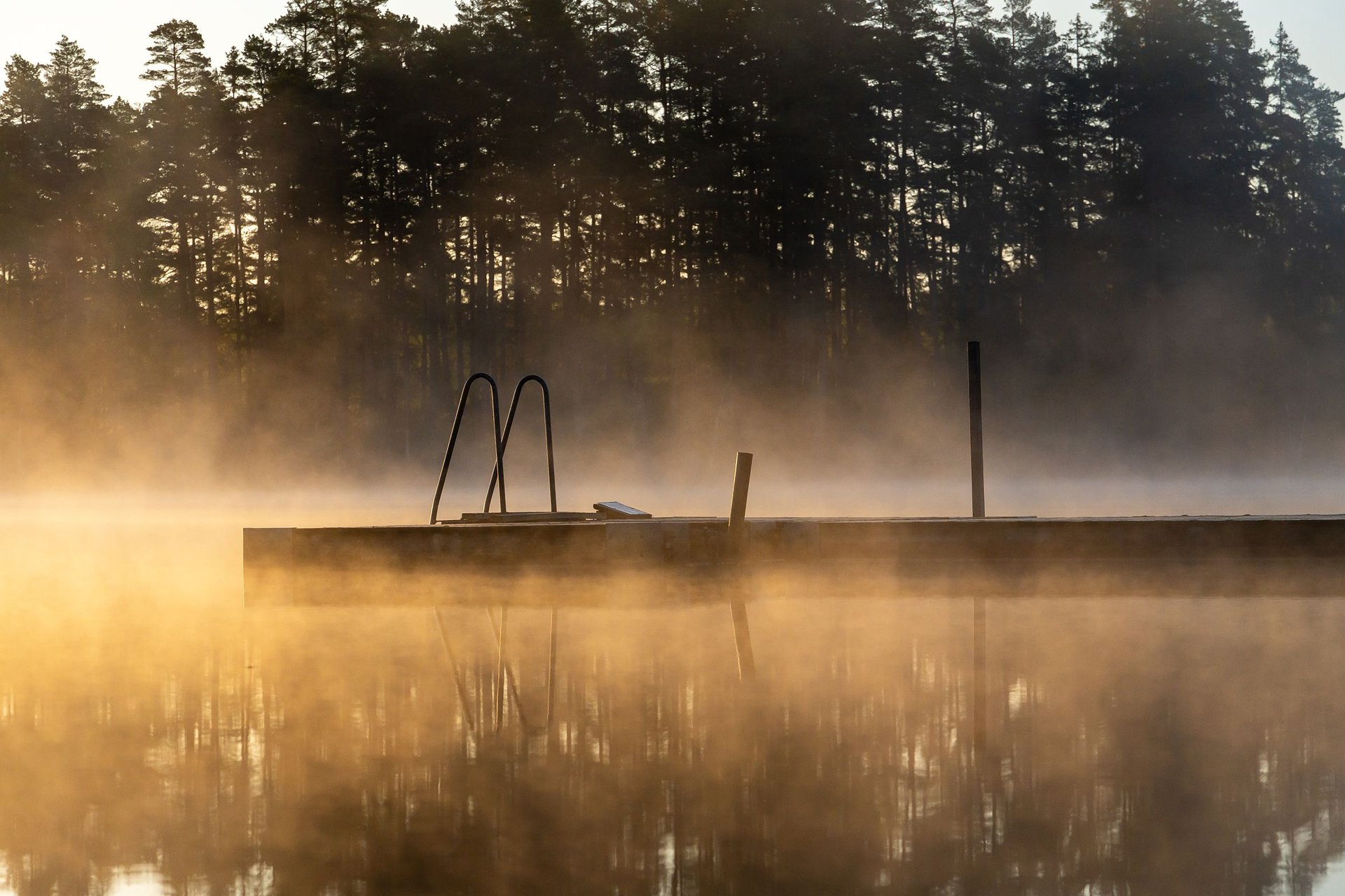 Misty lake dock at sunrise.