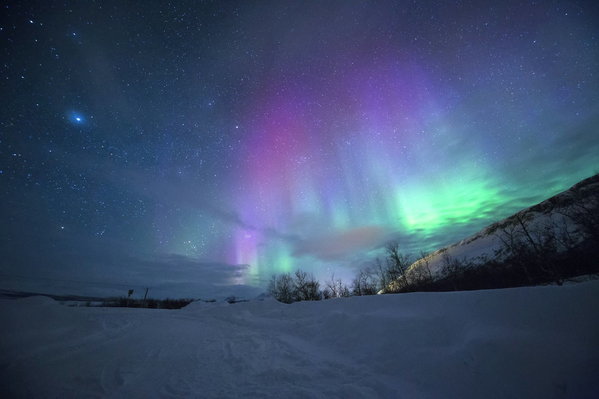 Northern lights over snowy mountains.
